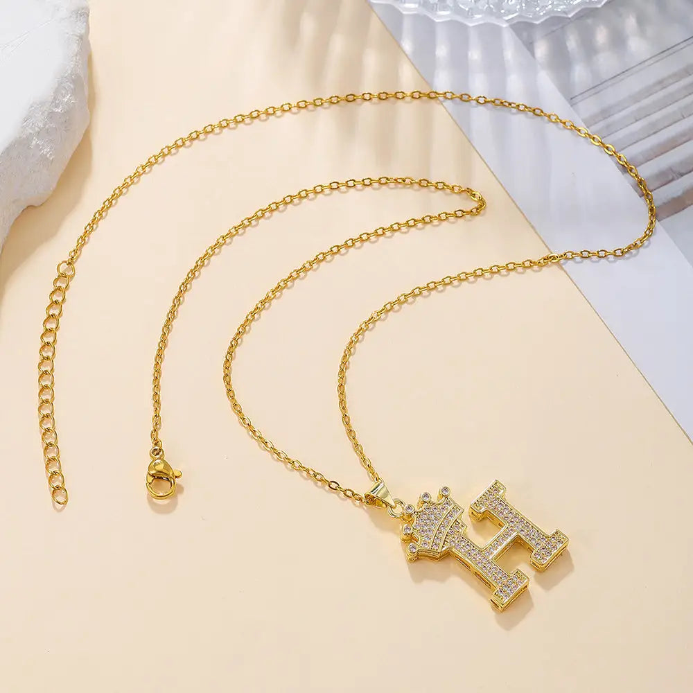 Diamond Crown Letter Necklace Set - Gold / H - 4