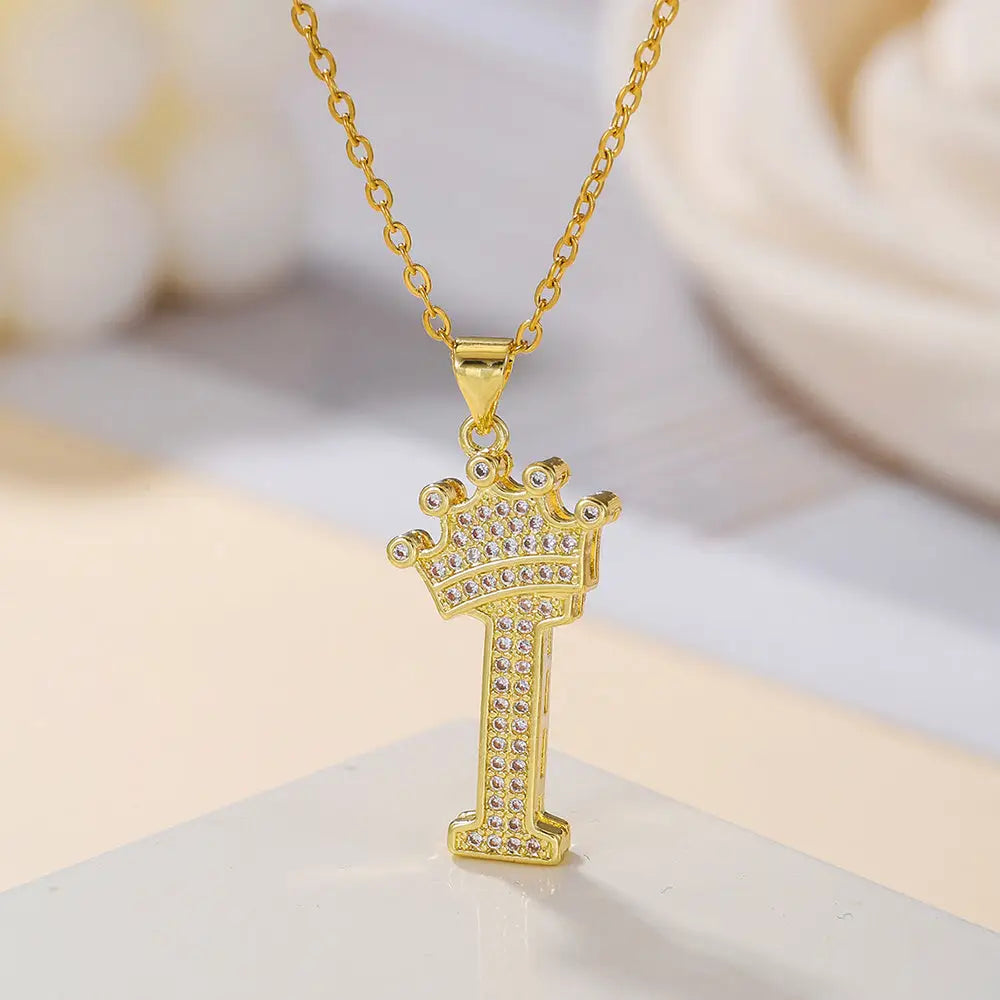 Diamond Crown Letter Necklace Set - Gold / I - 4