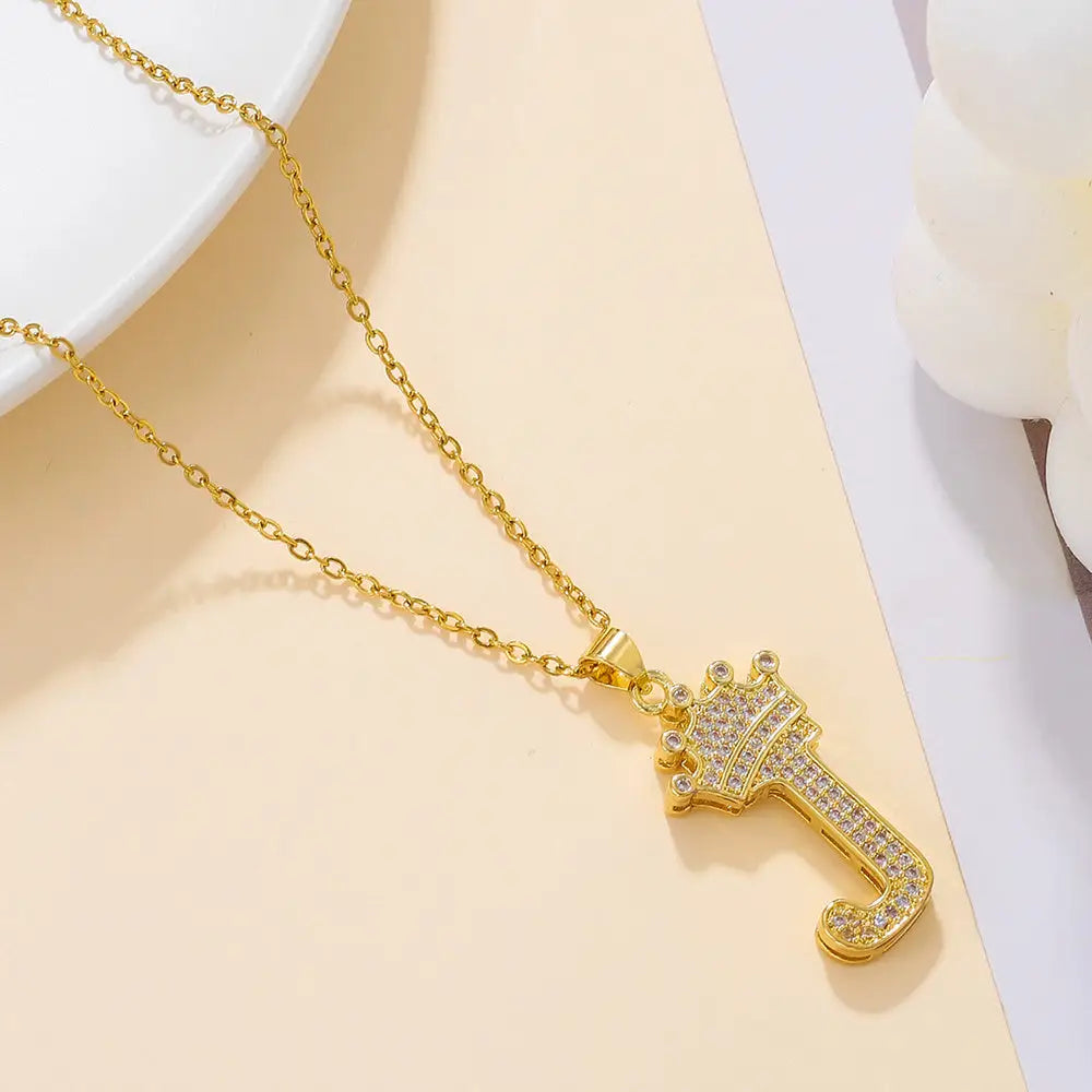 Diamond Crown Letter Necklace Set - Gold / J - 4