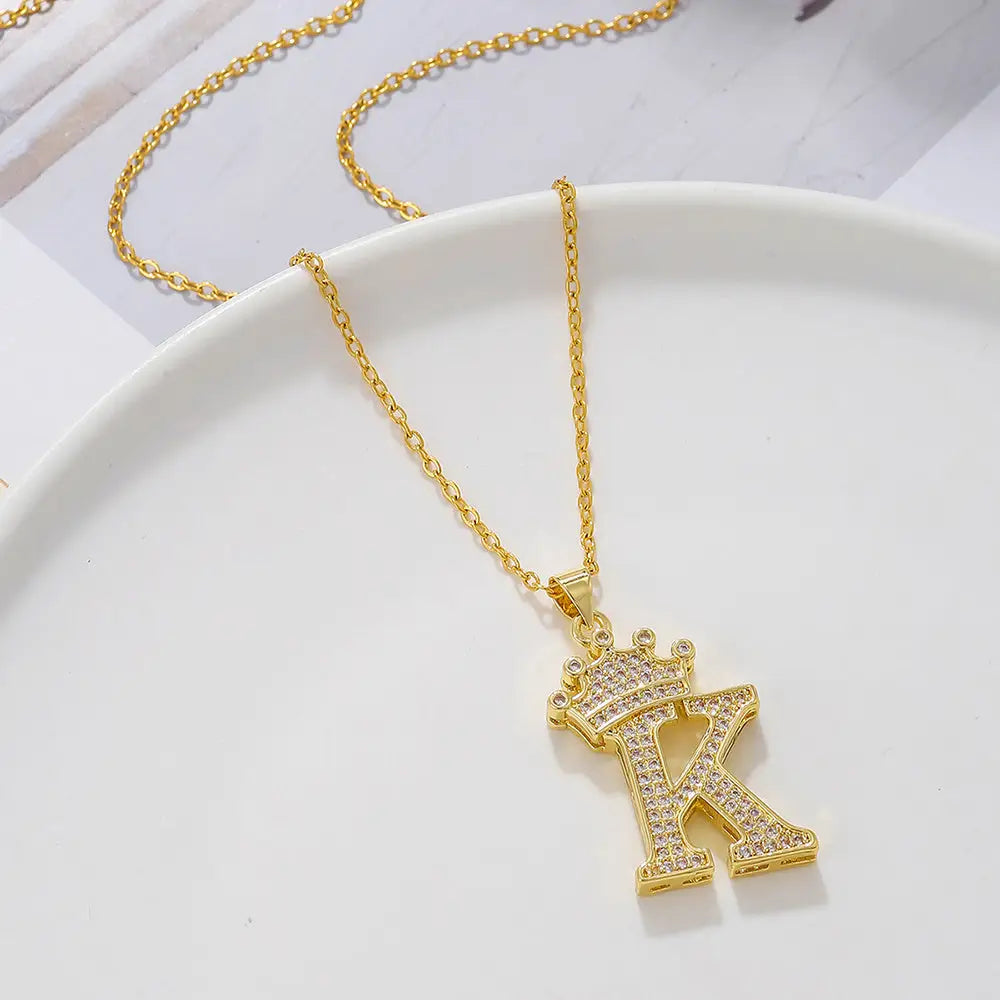 Diamond Crown Letter Necklace Set - Gold / K - 4