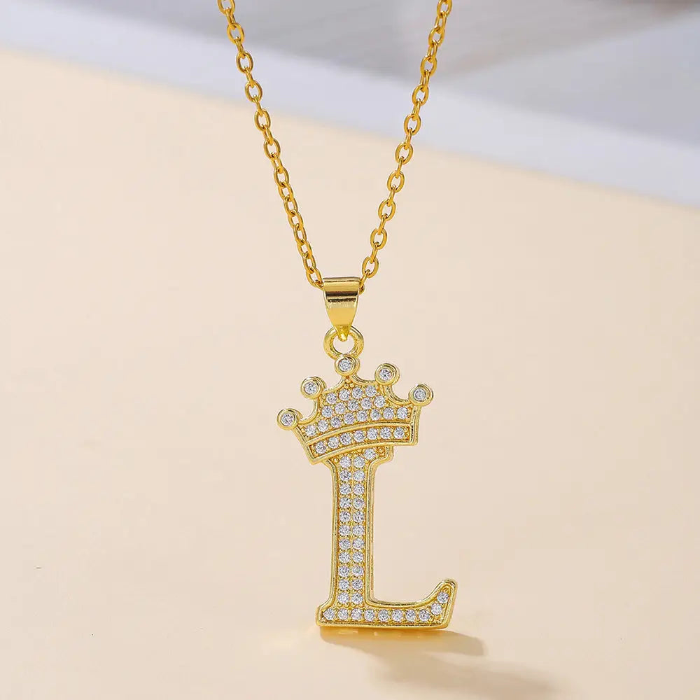 Diamond Crown Letter Necklace Set - Gold / L - 4