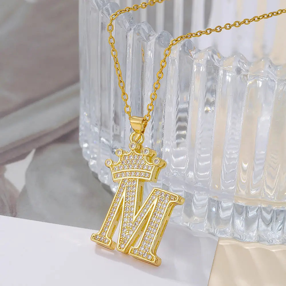 Diamond Crown Letter Necklace Set - Gold / M - 4