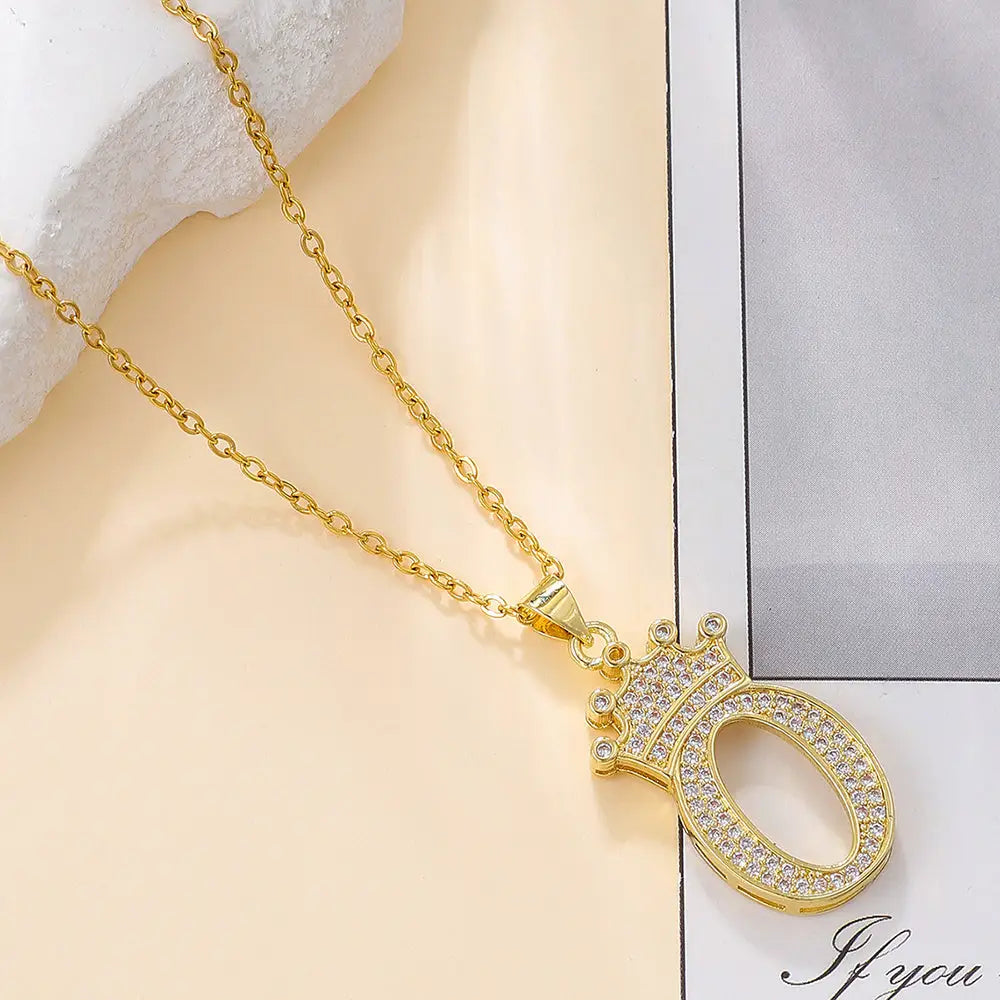Diamond Crown Letter Necklace Set - Gold / O - 4