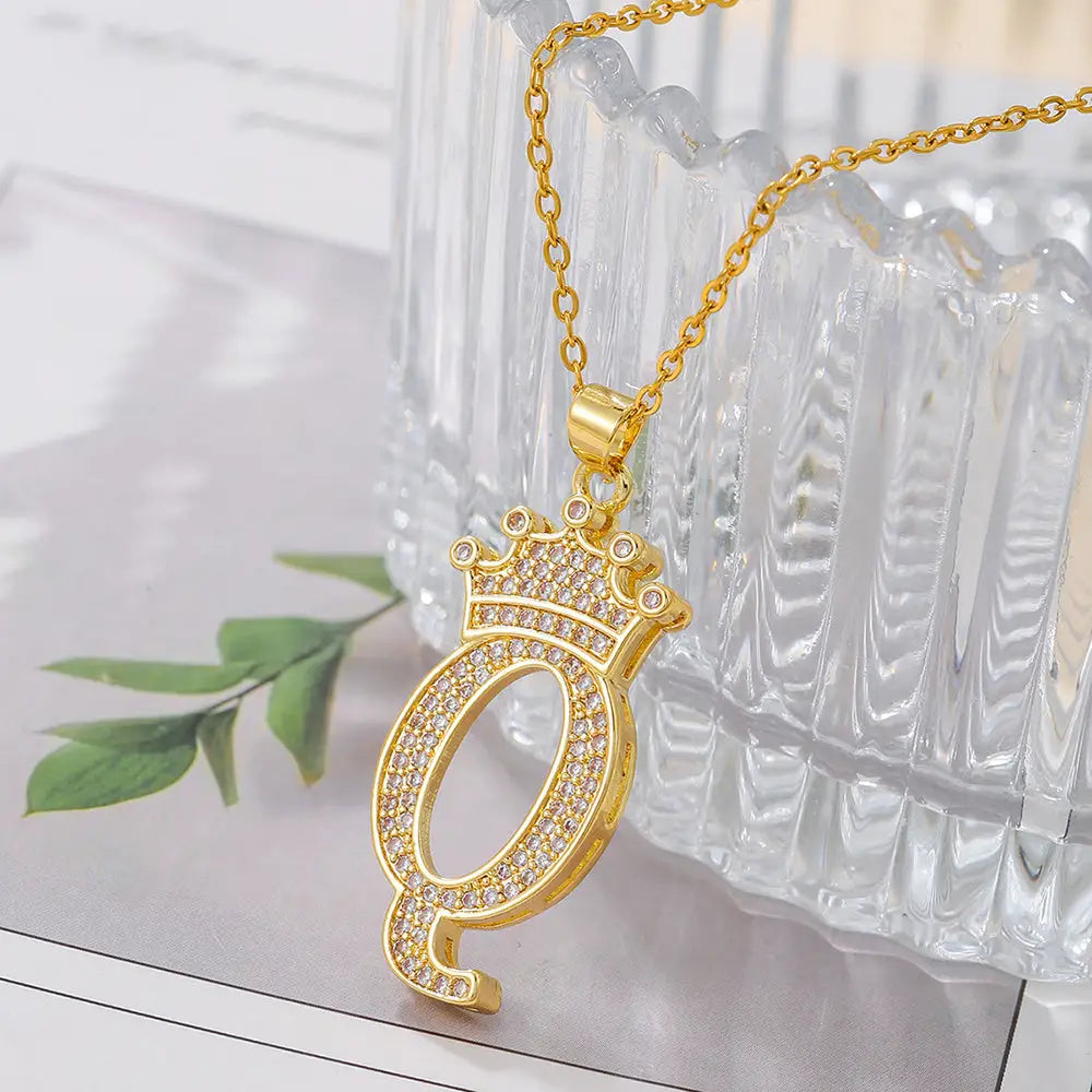 Diamond Crown Letter Necklace Set - Gold / Q - 4