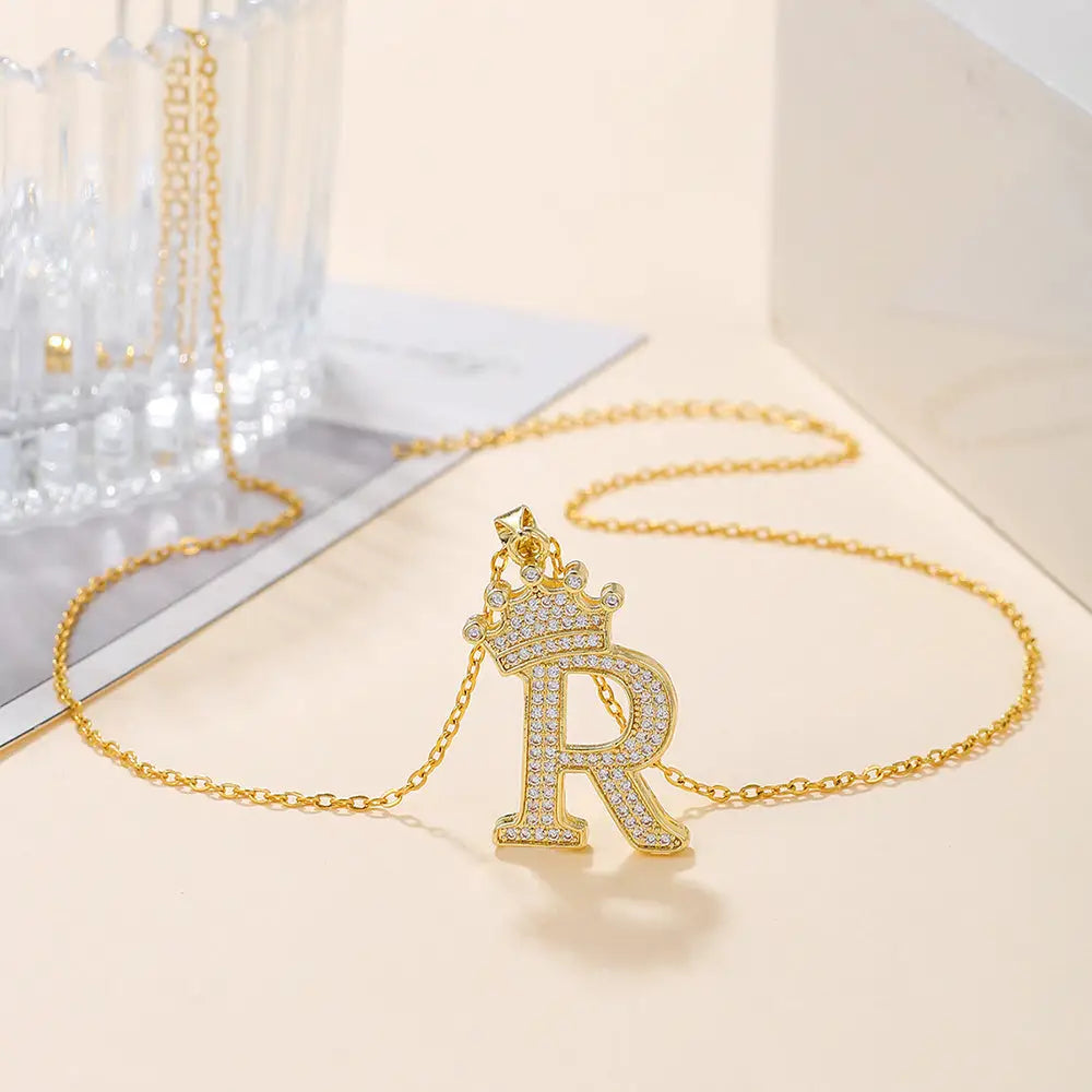 Diamond Crown Letter Necklace Set - Gold / R - 4