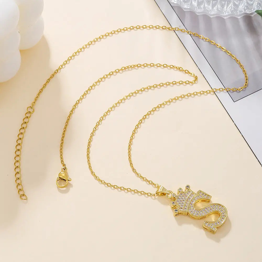 Diamond Crown Letter Necklace Set - Gold / S - 4