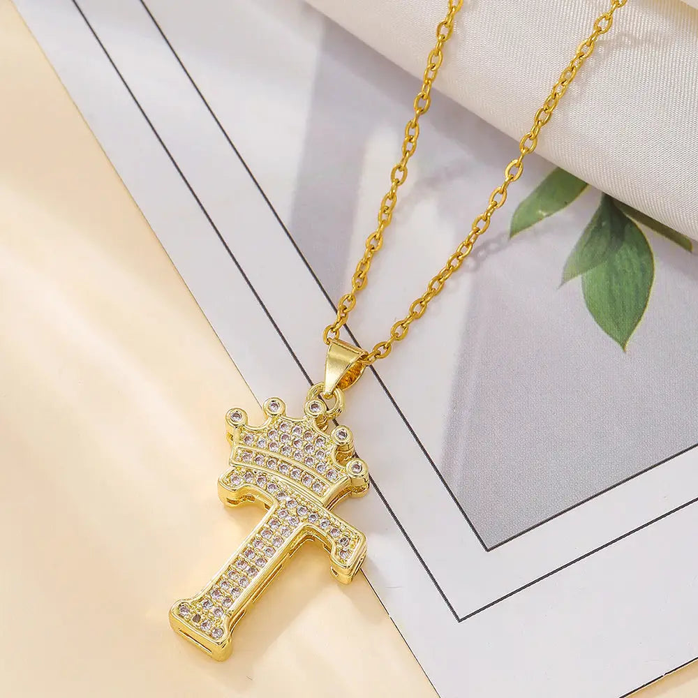 Diamond Crown Letter Necklace Set - Gold / T - 4