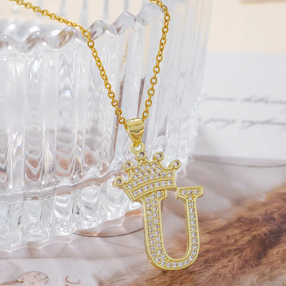 Diamond Crown Letter Necklace Set - Gold / U - 4