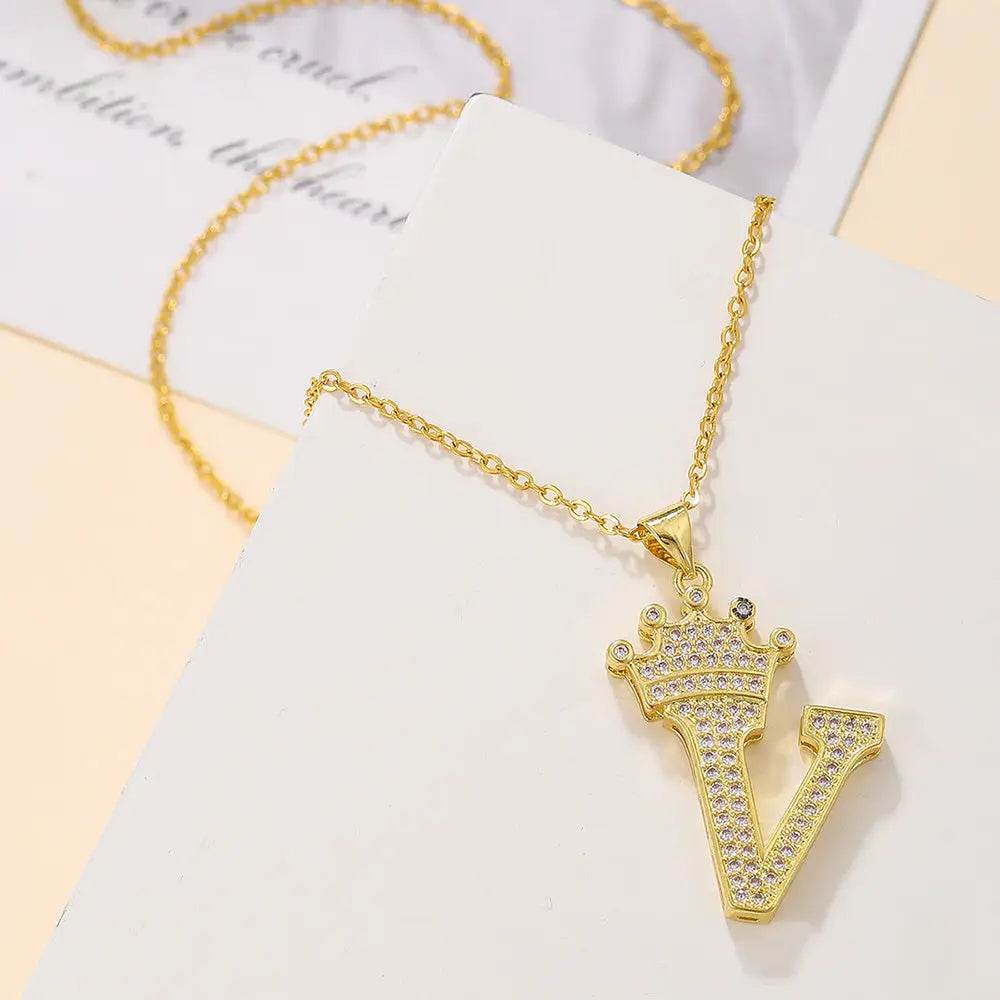 Diamond Crown Letter Necklace Set - Gold / V - 4