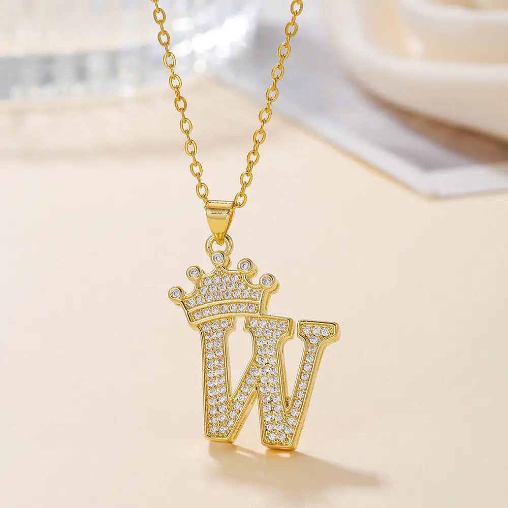 Diamond Crown Letter Necklace Set - Gold / W - 4