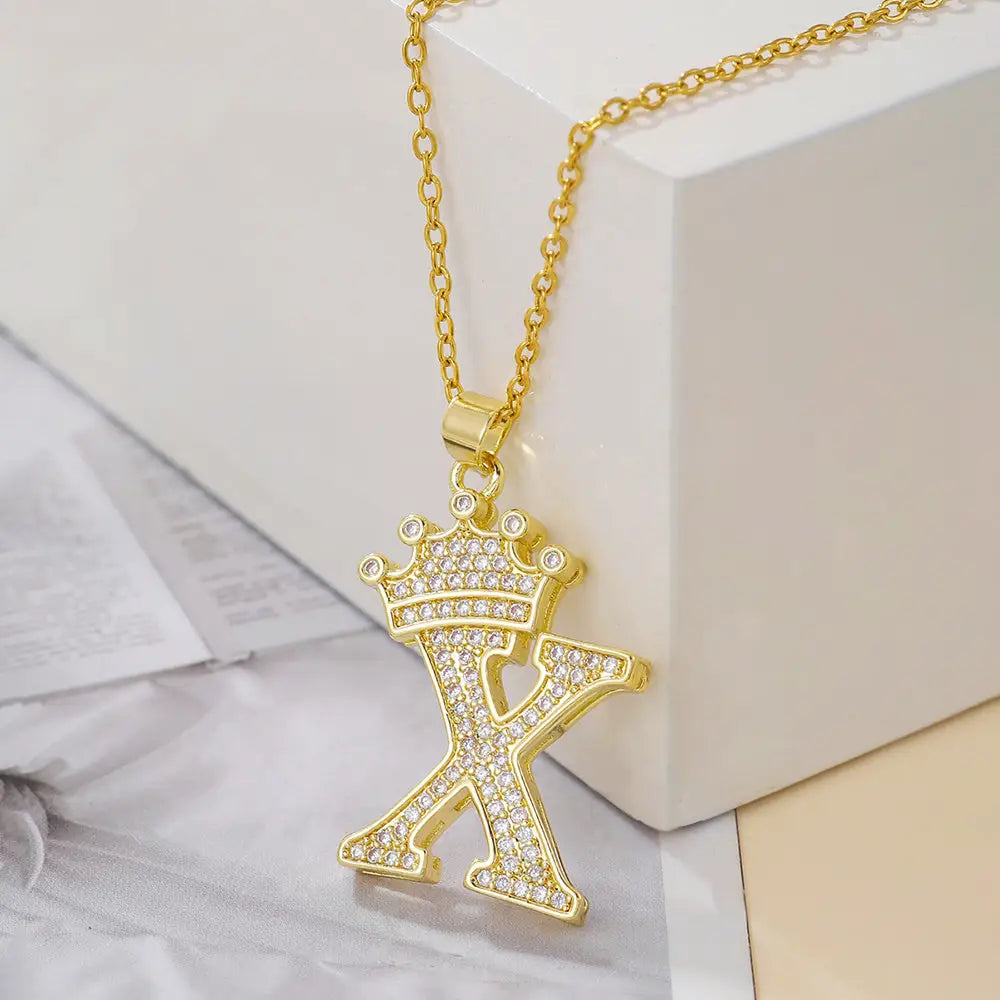 Diamond Crown Letter Necklace Set - Gold / X - 4