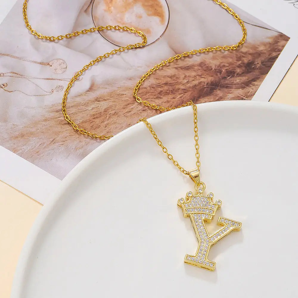 Diamond Crown Letter Necklace Set - Gold / Y - 4