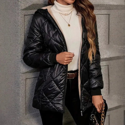 Black quilted hooded jacket.