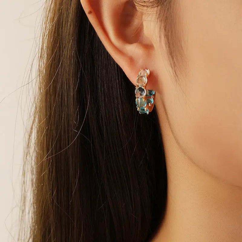 Diamond Square Lux Earrings - Lake Blue Gold Plated