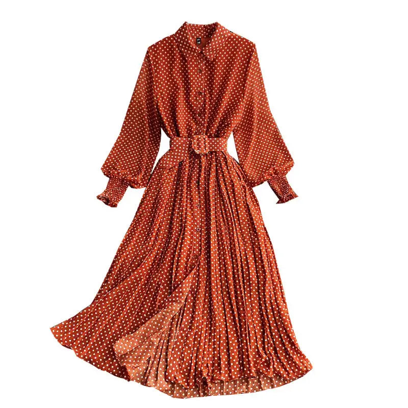 DotChiffon Elegance: Waisted Pleated Maxi Skirt