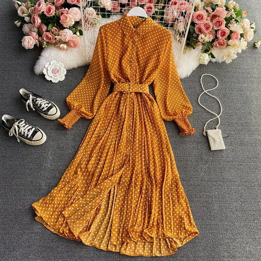 DotChiffon Elegance: Waisted Pleated Maxi Skirt