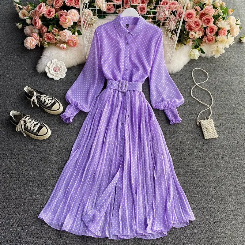 DotChiffon Elegance: Waisted Pleated Maxi Skirt - Violet / Free Size