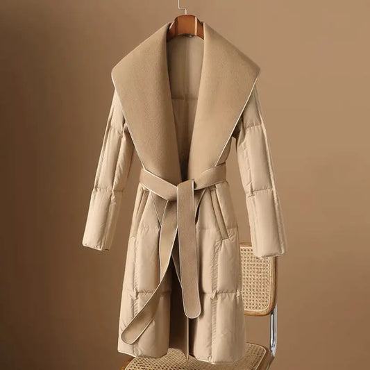 Beige belted winter coat.
