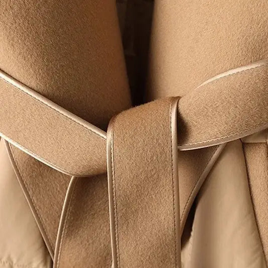 Beige wool coat with belt.