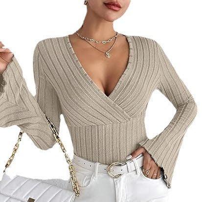 Ribbed V-Neck Flare Sleeve Slim Autumn Top for Women - LauBelle Brand