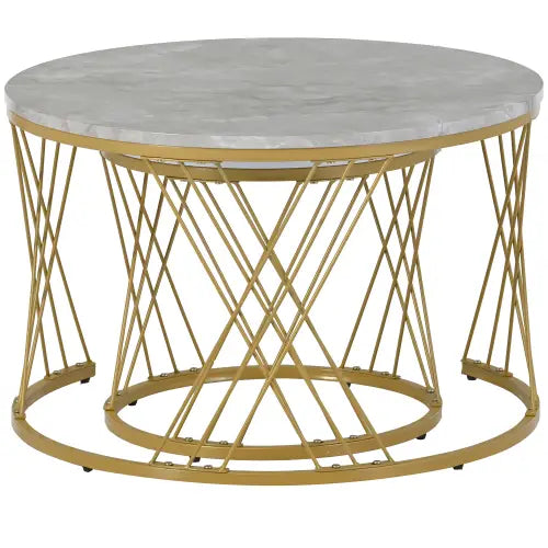 Moderne Nesting Coffee Table Set with Marble Veneer Round End Tables