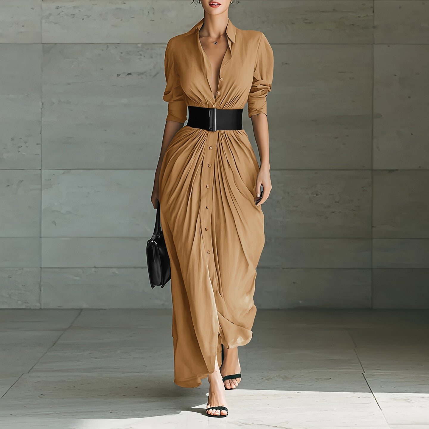 Chic Lapel Belted Shirt Dress – Elegant & Fashionable - LauBelle