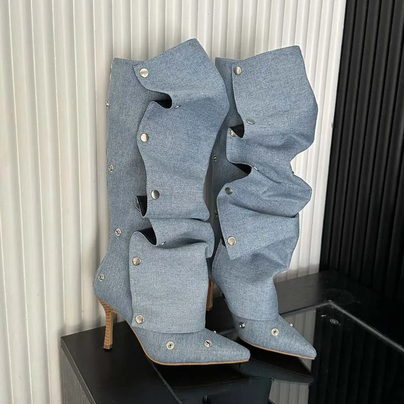 Denim geplooide gesp stiletto laarzen voor dames