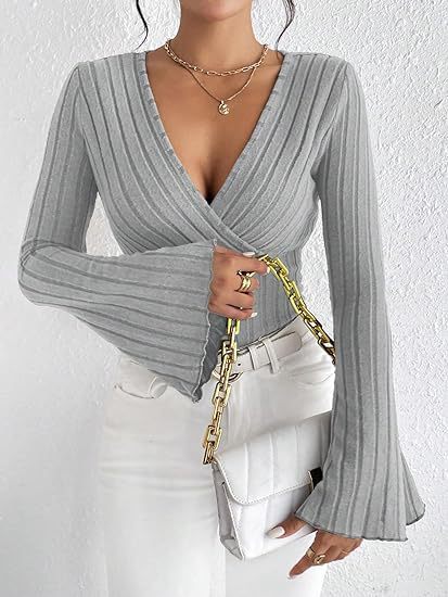 Ribbed V-Neck Flare Sleeve Slim Autumn Top for Women - LauBelle Brand