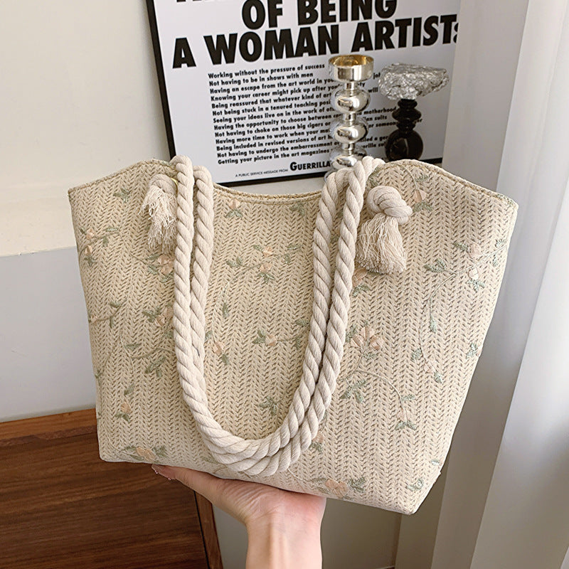 Floral Lace Straw Tote - Women's Trendy Shoulder Bag - LauBelle Brand