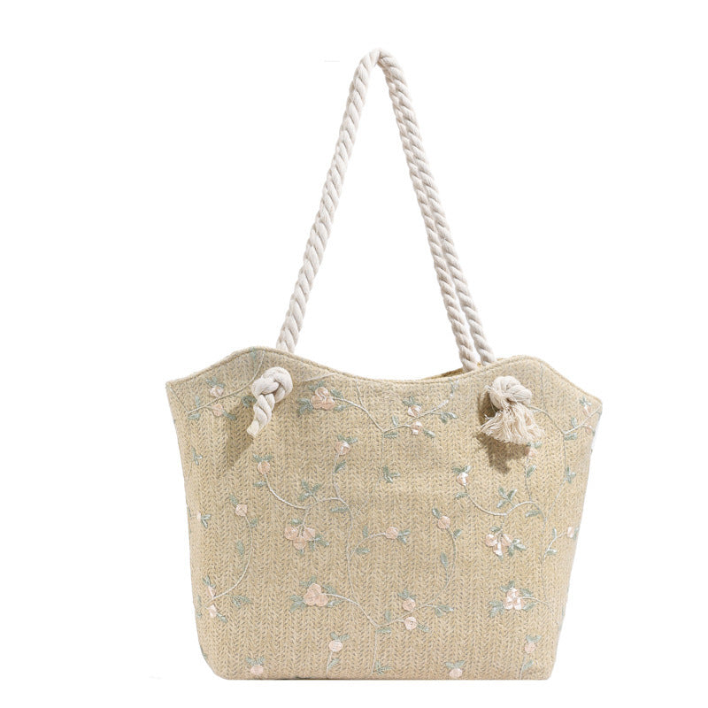 Floral Lace Straw Tote - Women's Trendy Shoulder Bag - LauBelle