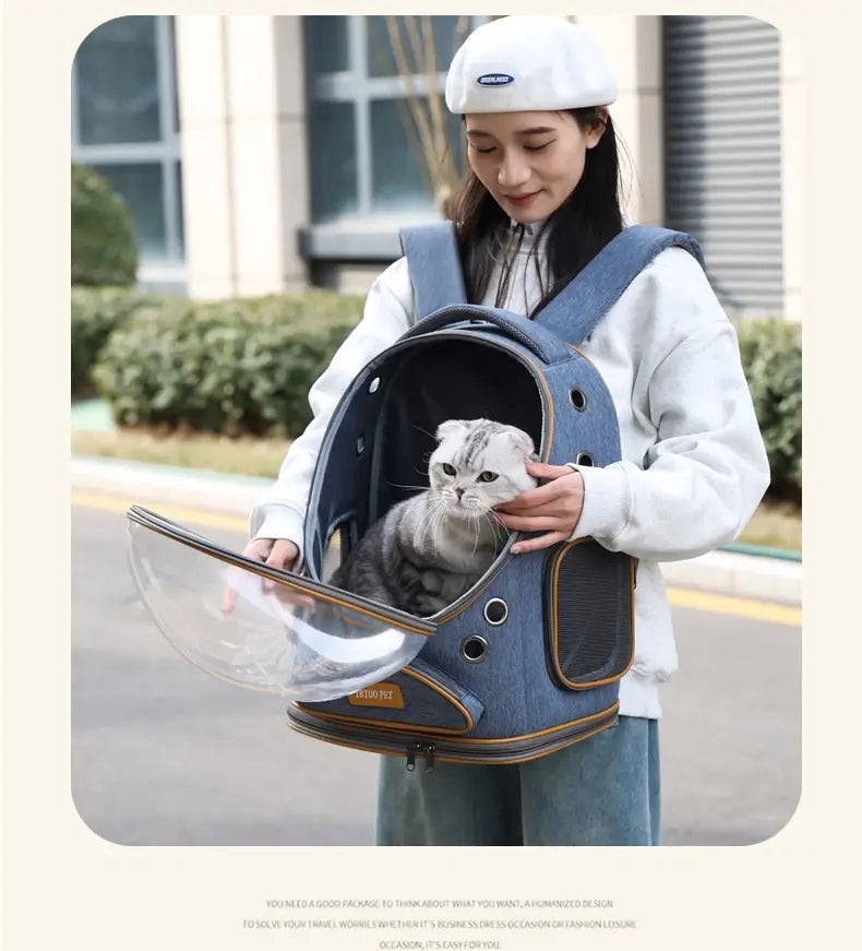 Panoramic Transparent Window Cat Backpack Denim Blue or Linen Gray