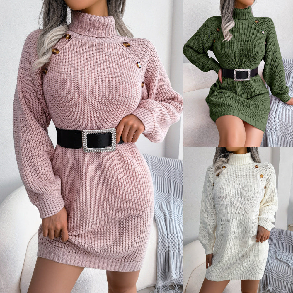 CozyButton Turtleneck Sweater Dress - LauBelle