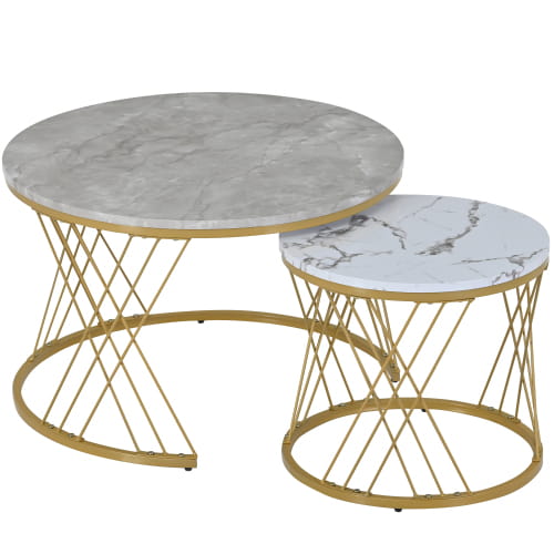 Moderne Nesting Coffee Table Set with Marble Veneer Round End Tables