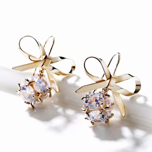 Elegance Bow: Graceful Short Earrings - Champagne Gold