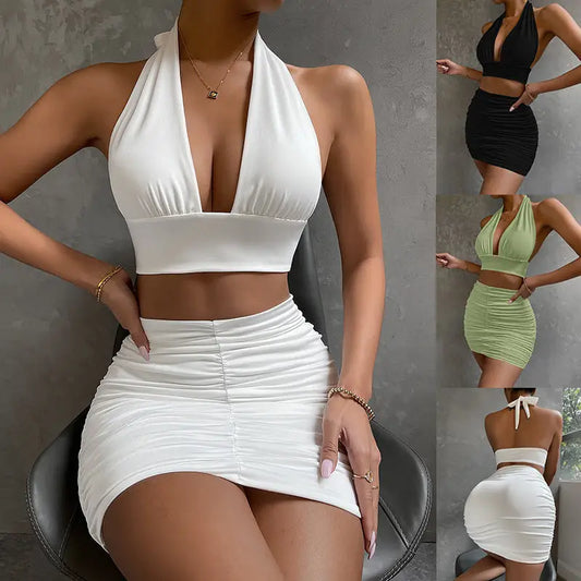 Elegance Duo: Halter Lace Top & Pleated Skirt Set