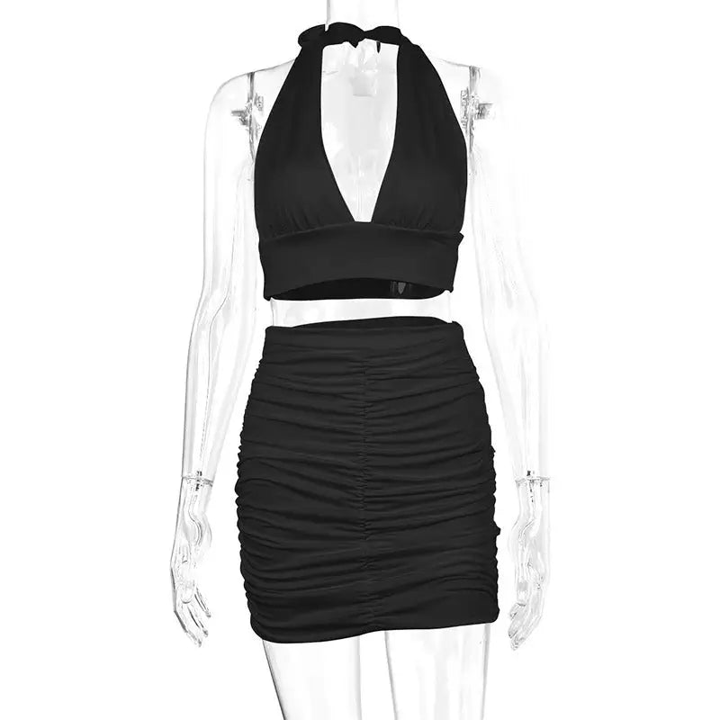 Elegance Duo: Halter Lace Top & Pleated Skirt Set