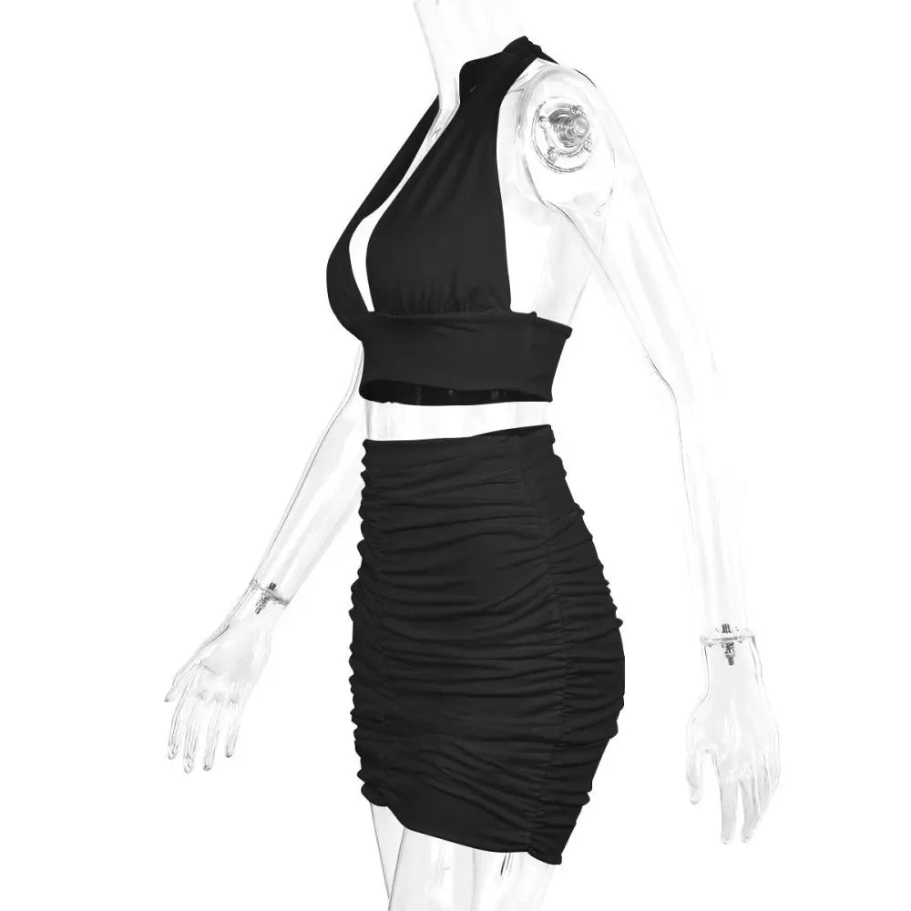 Elegance Duo: Halter Lace Top & Pleated Skirt Set