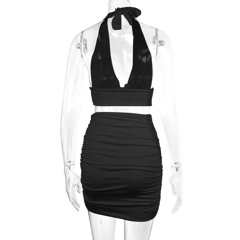 Elegance Duo: Halter Lace Top & Pleated Skirt Set
