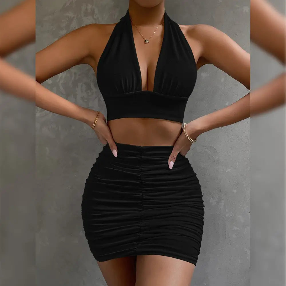 Elegance Duo: Halter Lace Top & Pleated Skirt Set - Black / XS
