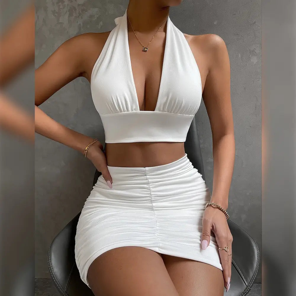 Elegance Duo: Halter Lace Top & Pleated Skirt Set - White / XS