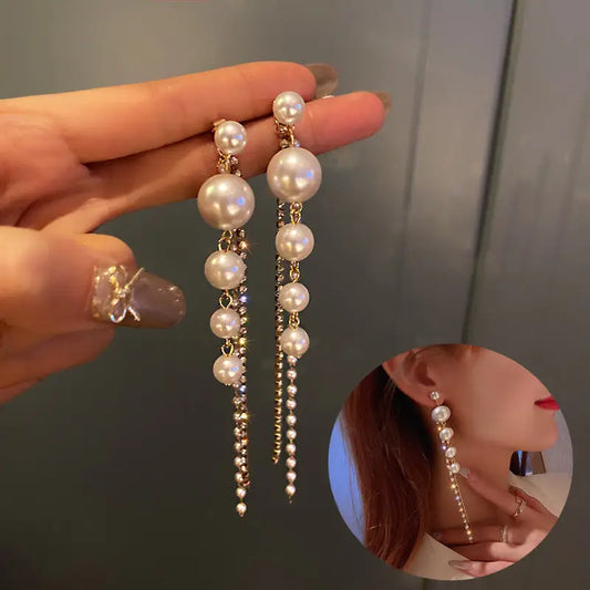 Elegance Tassel: Silver Needle Pearl Earrings - Silver - 4