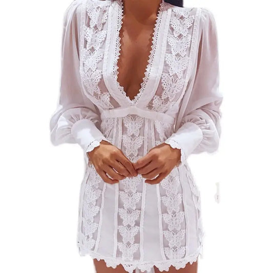 Elegance: V-Neck Lace Puff Sleeve Butterfly Dress - 4