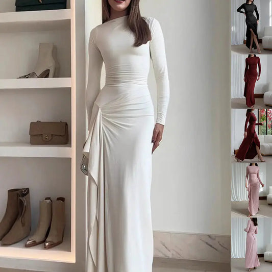 EleganceFlow: Asymmetric Long-Sleeve Dress