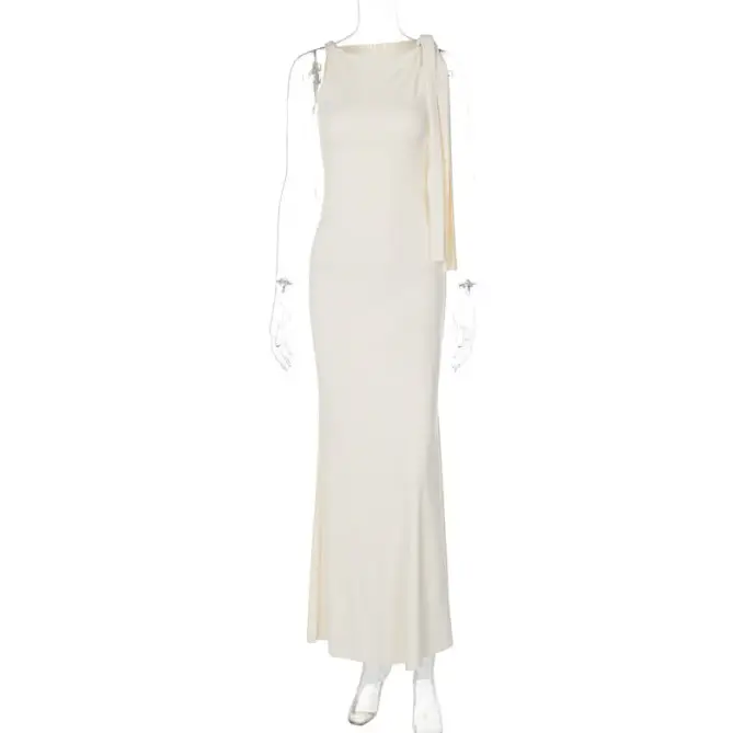 EleganceOne: Ribbon One-Shoulder Evening Dress - Apricot / L