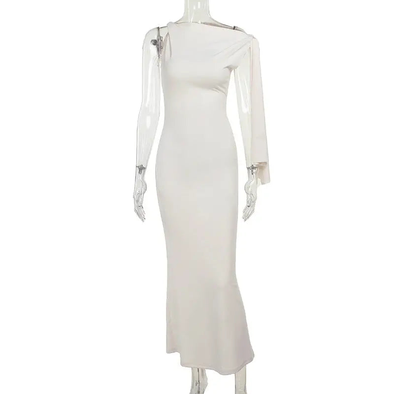 EleganceOne: Ribbon One-Shoulder Evening Dress - Light apricot color / XS