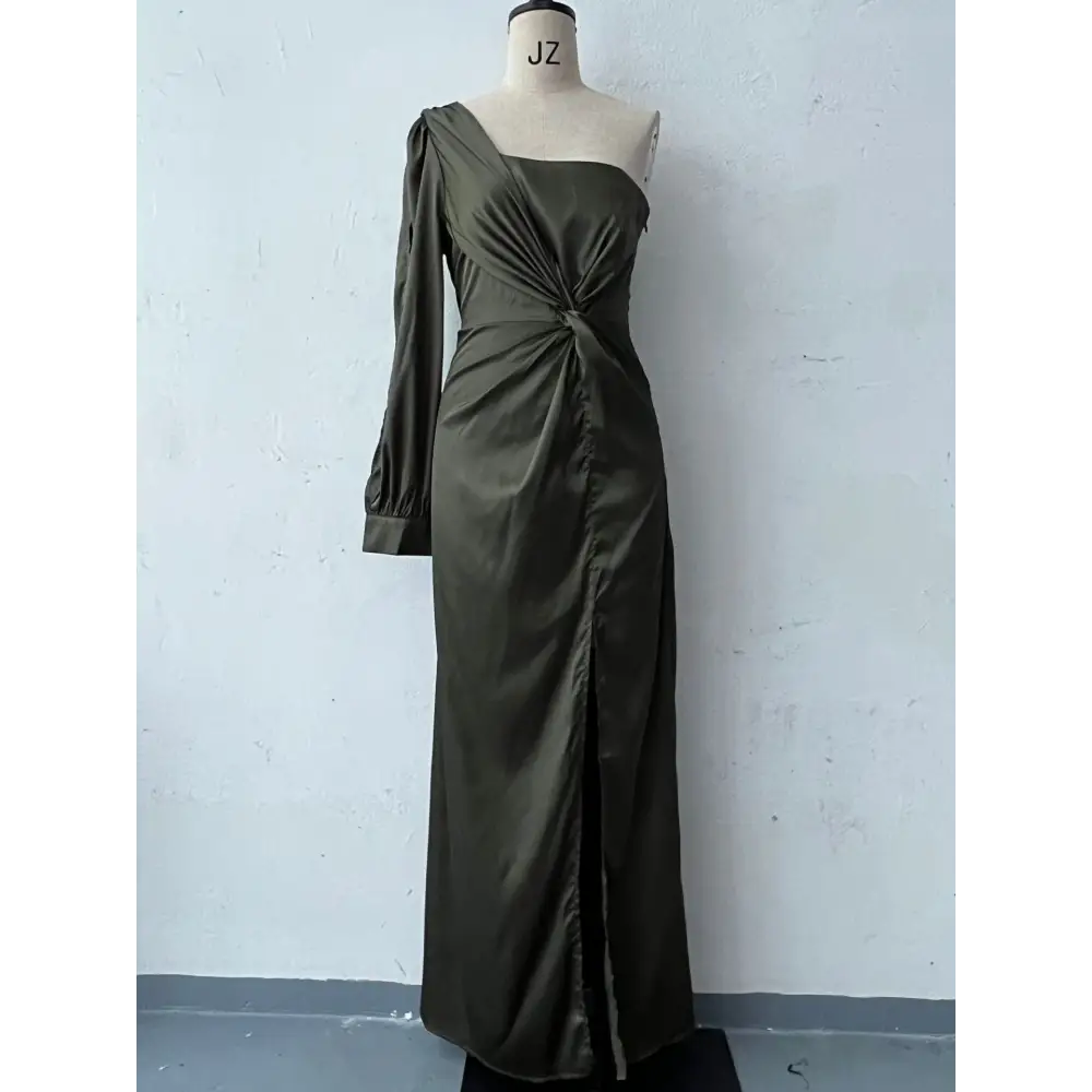 EleganceOne: Women’s Luxe Split One-Shoulder Dress - Olive Green / S