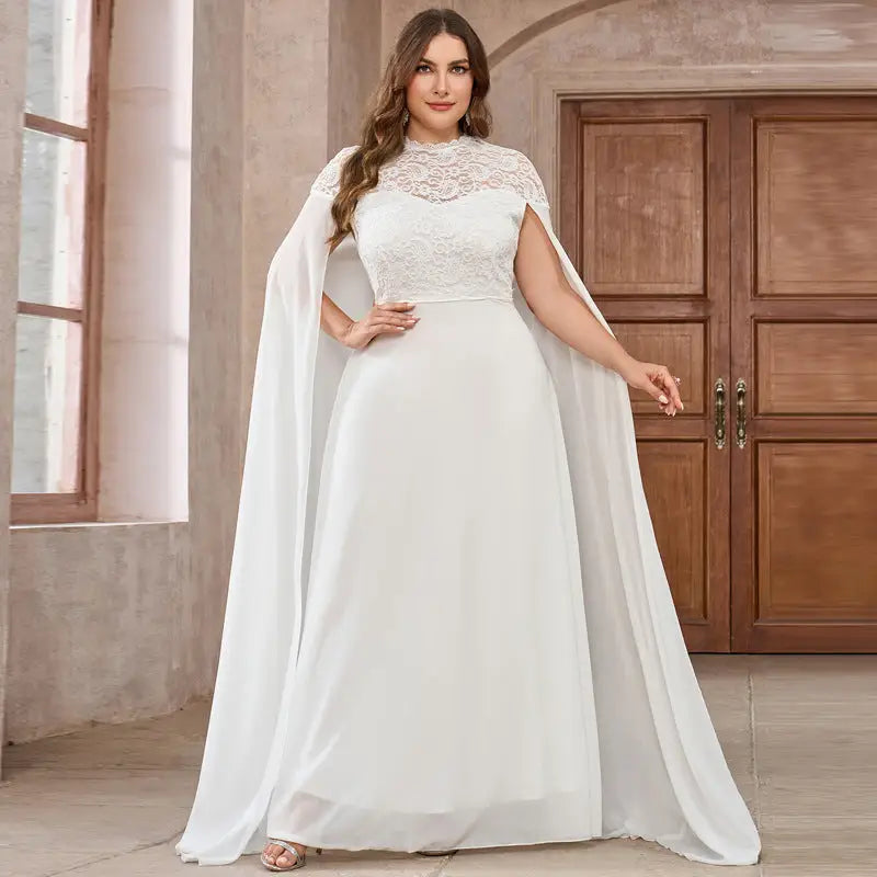 ElegancePlus Chiffon Lace Cloak Dress - White / S
