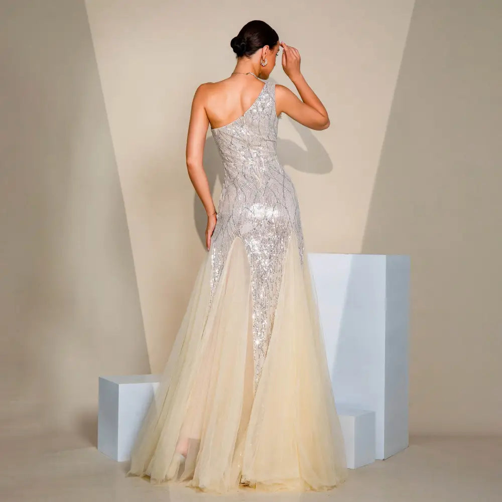 Elegant Apricot High Waist Long Sequin Skirt Polyester Sleeveless Dress