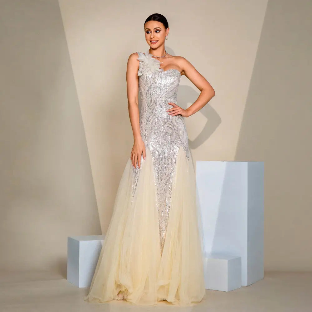 Elegant Apricot High Waist Long Sequin Skirt Polyester Sleeveless Dress