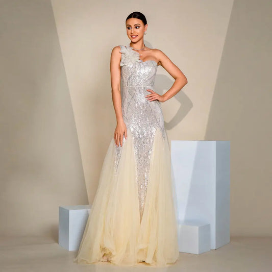Elegant Apricot High Waist Long Sequin Skirt Polyester Sleeveless Dress